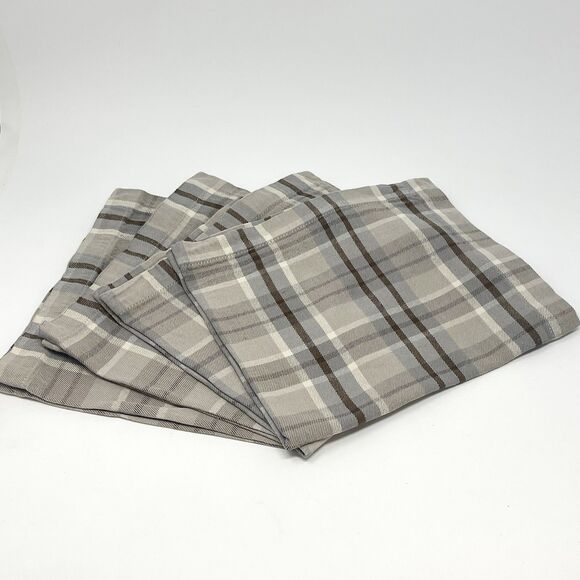 Pottery Barn Plaid Tartan Neutral Gray Beige Brown Tan Napkins 20x20” Set Of 4 - Picture 1 of 3